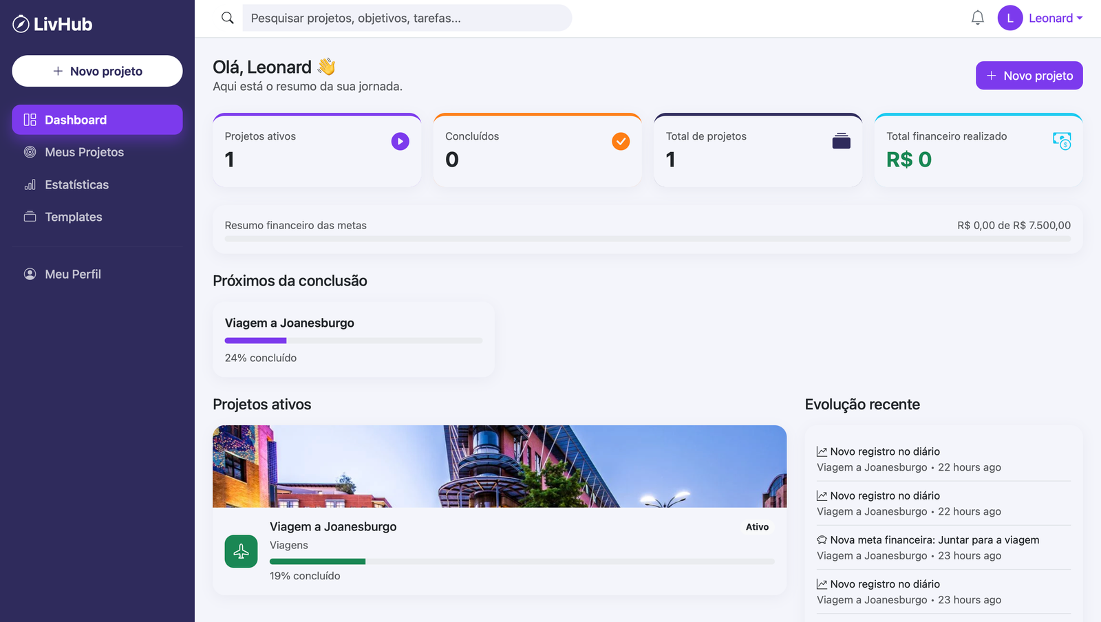 Dashboard do EvoluiHub com resumo dos projetos de vida, progresso e evolução