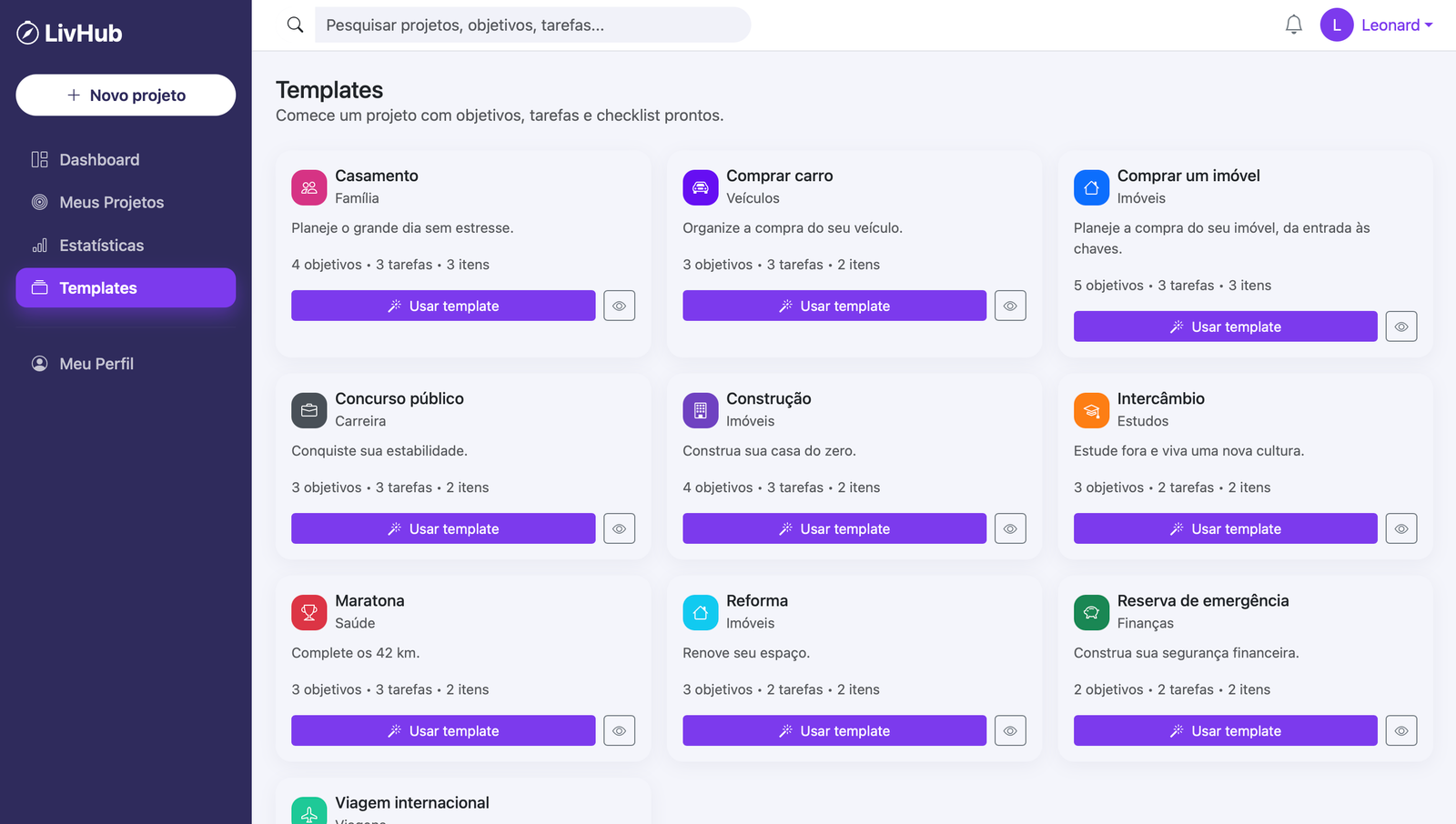 Galeria de templates de projetos de vida no EvoluiHub